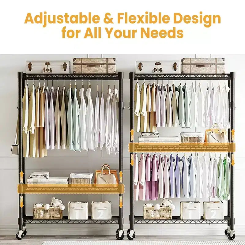 Portant à vêtements roulant à 3 niveaux – Organisateur de vêtements en métal robuste avec double tringle et étagères