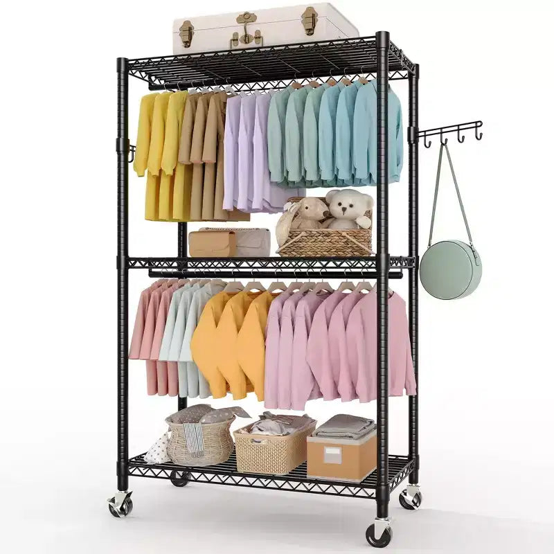 Portant à vêtements roulant à 3 niveaux – Organisateur de vêtements en métal robuste avec double tringle et étagères