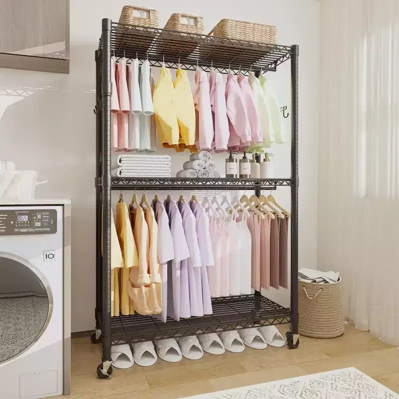 Portant à vêtements roulant à 3 niveaux – Organisateur de vêtements en métal robuste avec double tringle et étagères