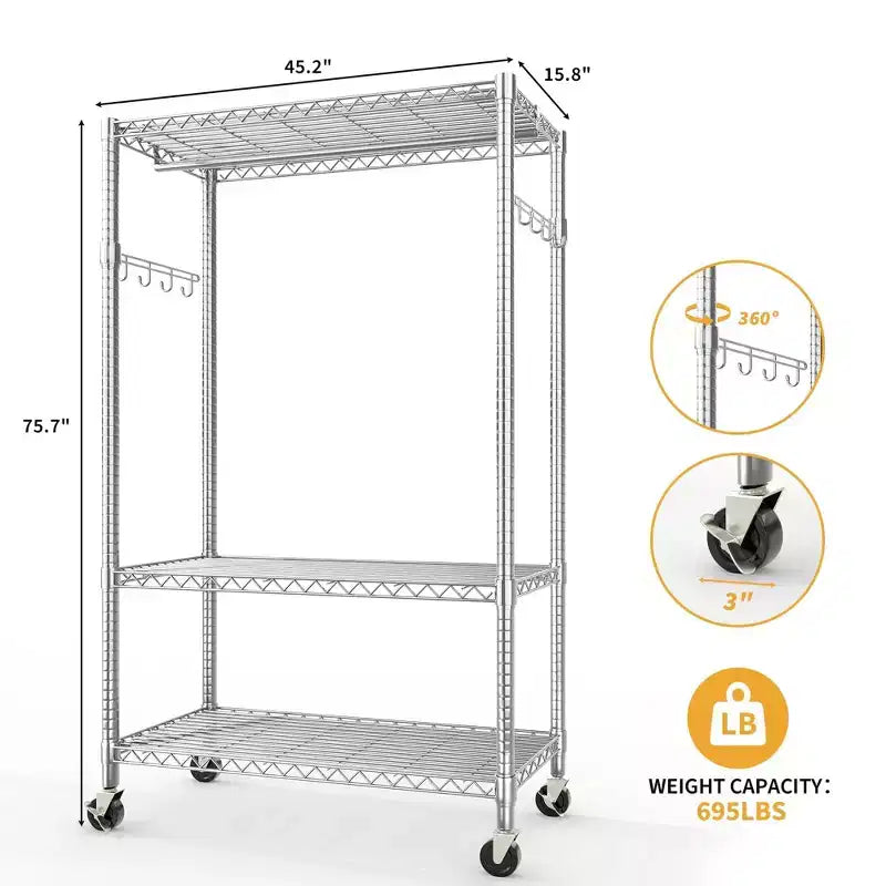 Portant à vêtements roulant à 3 niveaux – Organisateur de vêtements en métal robuste avec double tringle et étagères