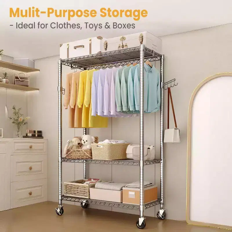 Portant à vêtements roulant à 3 niveaux – Organisateur de vêtements en métal robuste avec double tringle et étagères