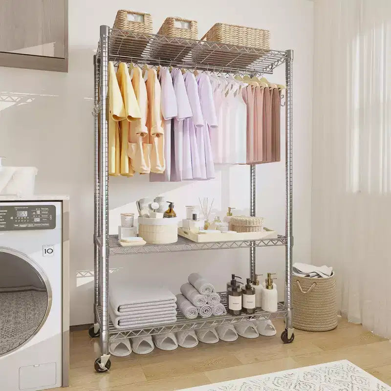 Portant à vêtements roulant à 3 niveaux – Organisateur de vêtements en métal robuste avec double tringle et étagères