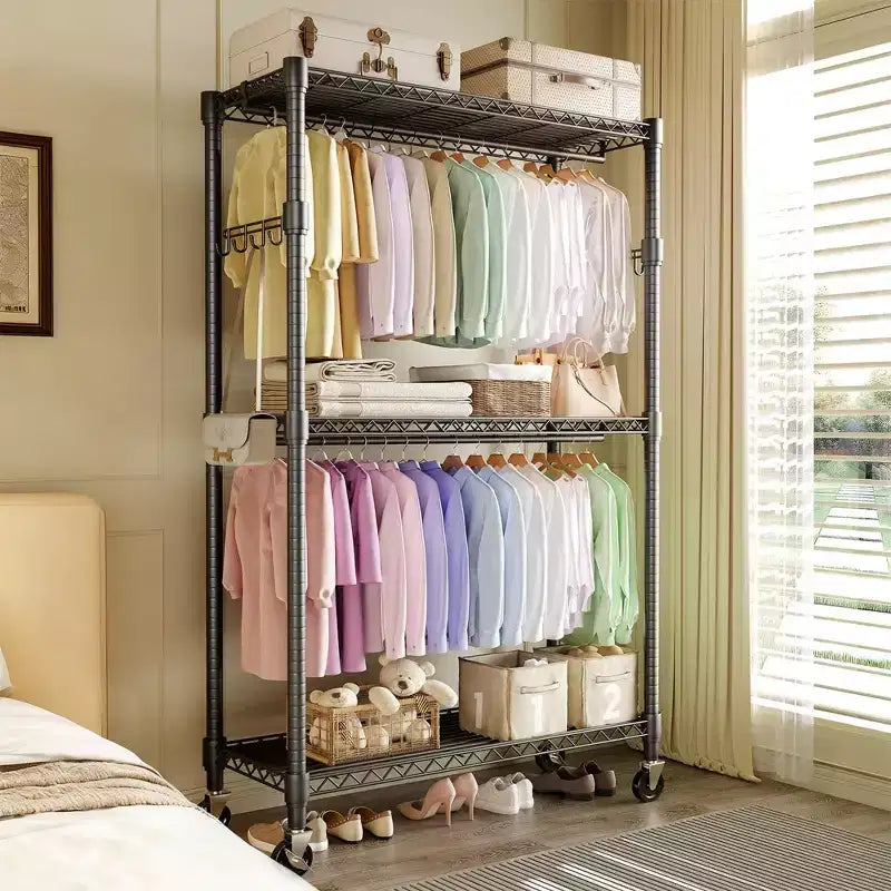 Portant à vêtements roulant à 3 niveaux – Organisateur de vêtements en métal robuste avec double tringle et étagères