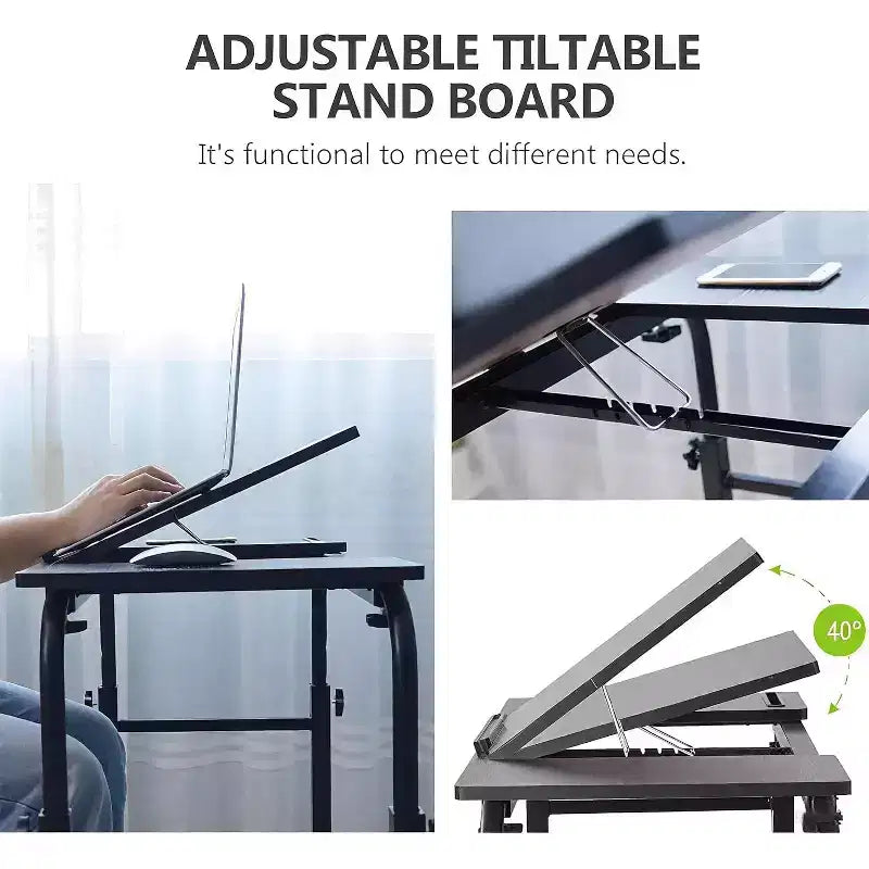 Table de lit d'hôpital réglable sur roulettes avec plateau inclinable, compatible avec les ordinateurs portables et les repas au lit, bureau roulant à hauteur et longueur réglables pour un usage domestique et médical