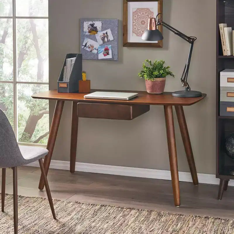 TUYOHW 53 Wooden Study Computer Desk,Modern Home Office Desk with 1 Drawer,4 Wood Legs,Writing Desk for Bedroom,Study,Office,Walnut