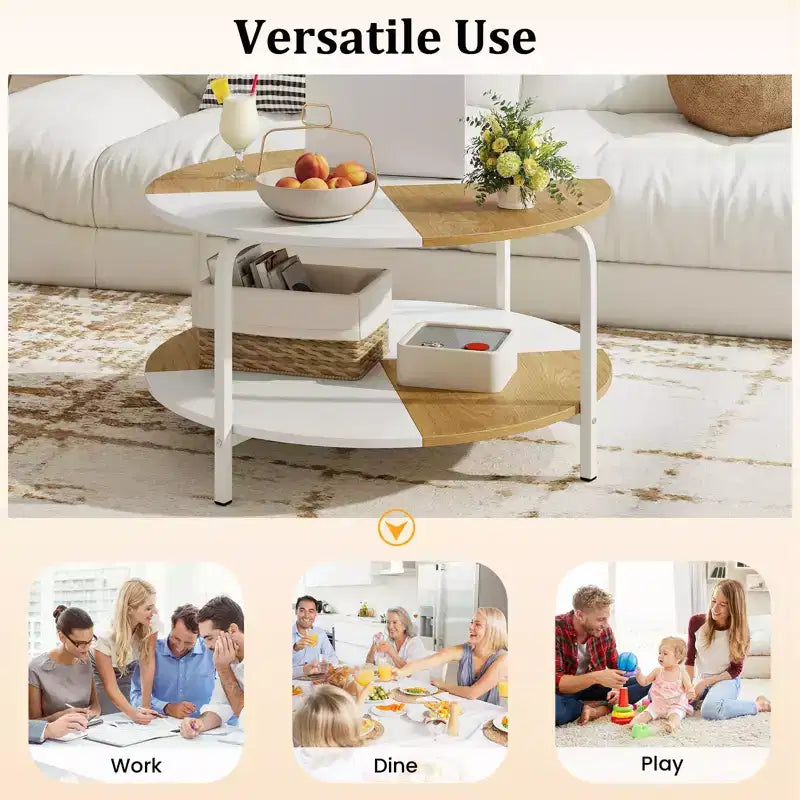 Table basse ronde à 2 niveaux avec étagère de rangement, cadre en métal pour salon, appartement, blanc et marron