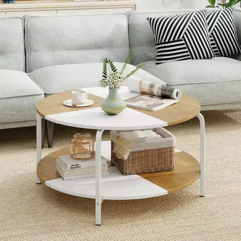 Table basse ronde à 2 niveaux avec étagère de rangement, cadre en métal pour salon, appartement, blanc et marron