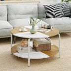 Table basse ronde à 2 niveaux avec étagère de rangement, cadre en métal pour salon, appartement, blanc et marron