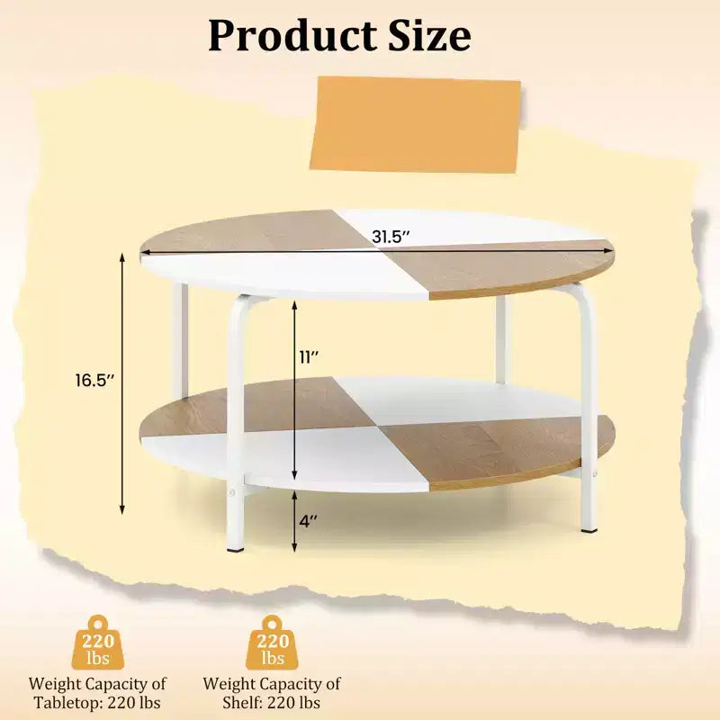 Table basse ronde à 2 niveaux avec étagère de rangement, cadre en métal pour salon, appartement, blanc et marron