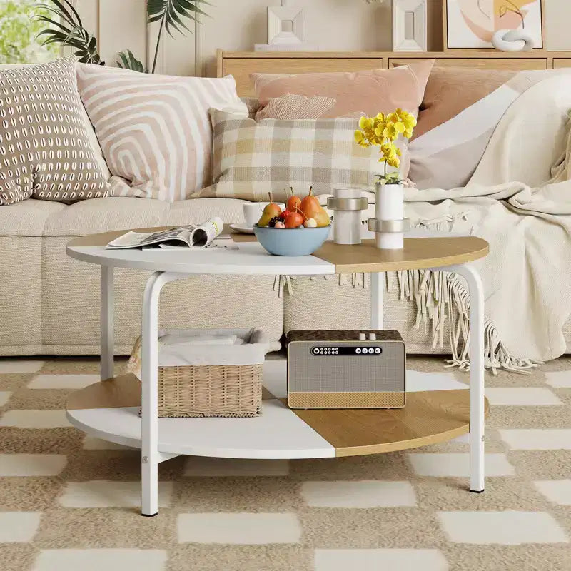 Table basse ronde à 2 niveaux avec étagère de rangement, cadre en métal pour salon, appartement, blanc et marron