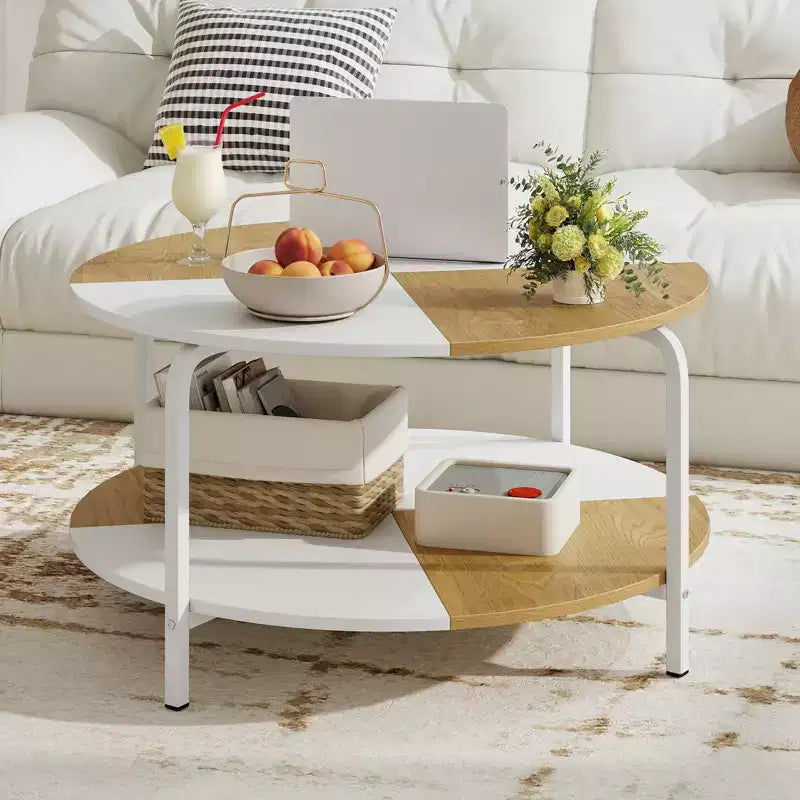 Table basse ronde à 2 niveaux avec étagère de rangement, cadre en métal pour salon, appartement, blanc et marron