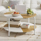 Table basse ronde à 2 niveaux avec étagère de rangement, cadre en métal pour salon, appartement, blanc et marron