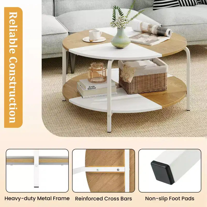 Table basse ronde à 2 niveaux avec étagère de rangement, cadre en métal pour salon, appartement, blanc et marron