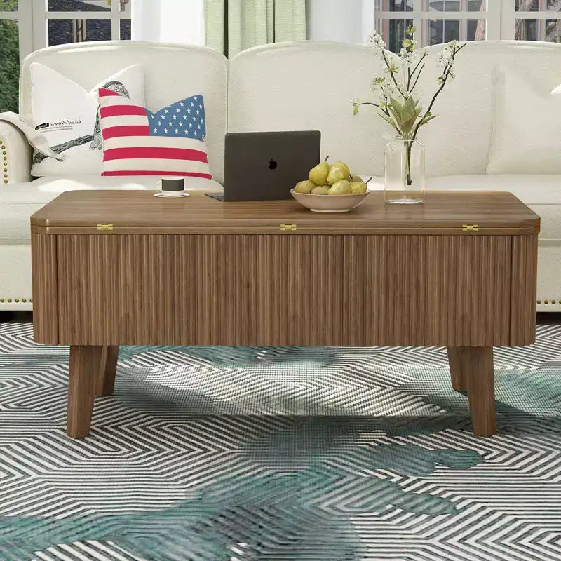 GDFStudio Yuchen Modern Wooden Rectangular 3 in 1 Lift Top Fluted Coffee Table with Hidden Storage