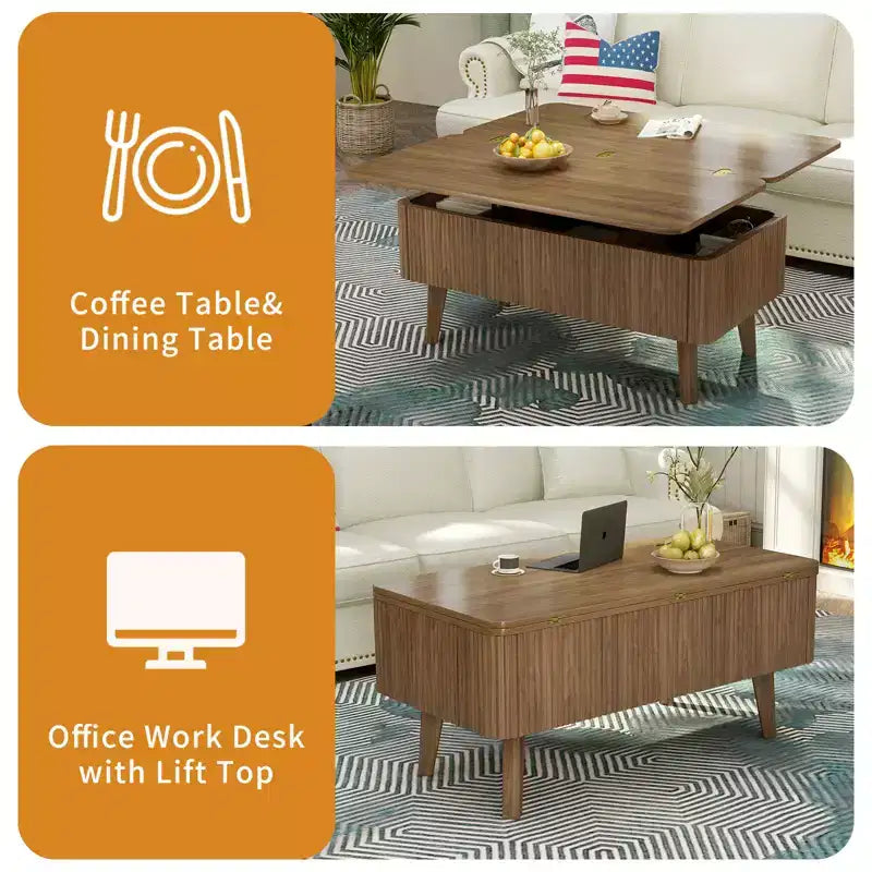 Table basse rectangulaire moderne 3 en 1 en bois avec plateau relevable cannelé et rangement caché