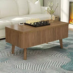 Table basse rectangulaire moderne 3 en 1 en bois avec plateau relevable cannelé et rangement caché
