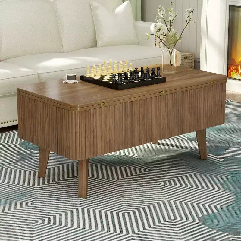 Table basse rectangulaire moderne 3 en 1 en bois avec plateau relevable cannelé et rangement caché