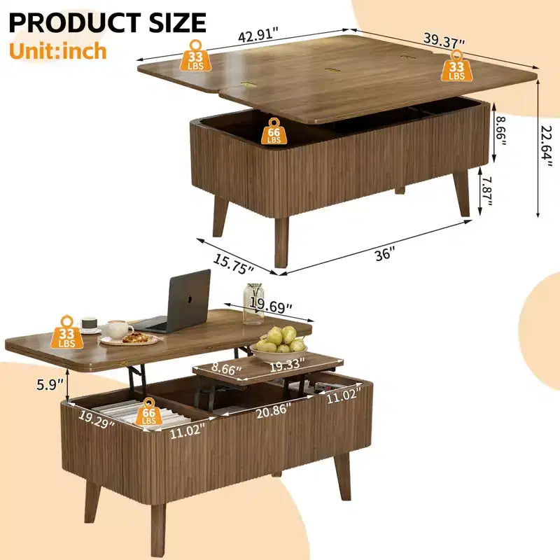 Table basse rectangulaire moderne 3 en 1 en bois avec plateau relevable cannelé et rangement caché