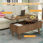 Table basse rectangulaire moderne 3 en 1 en bois avec plateau relevable cannelé et rangement caché