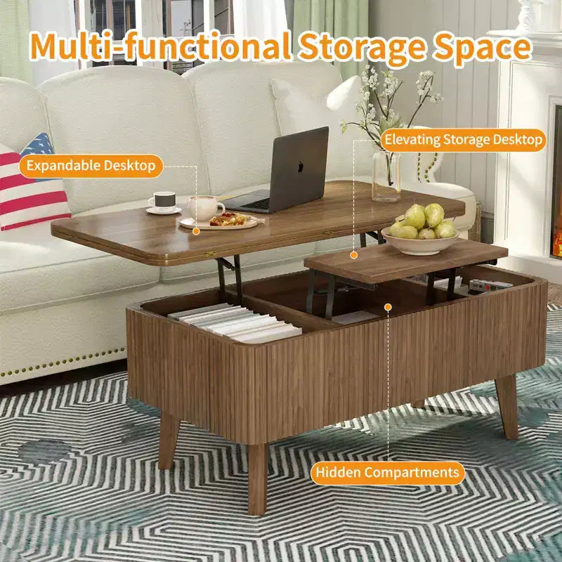 Table basse rectangulaire moderne 3 en 1 en bois avec plateau relevable cannelé et rangement caché