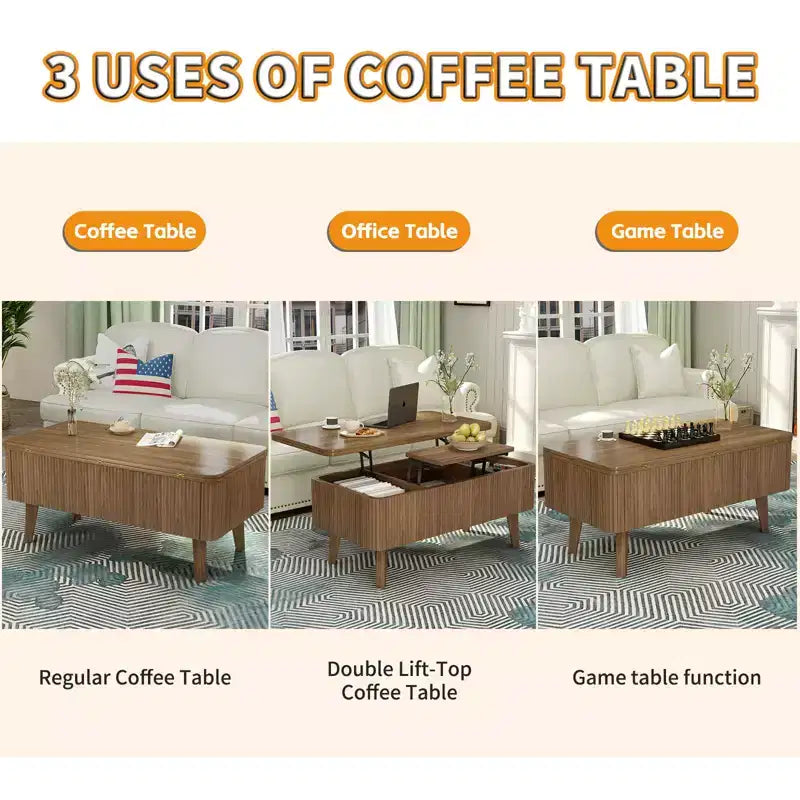 Table basse rectangulaire moderne 3 en 1 en bois avec plateau relevable cannelé et rangement caché