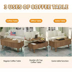 Table basse rectangulaire moderne 3 en 1 en bois avec plateau relevable cannelé et rangement caché