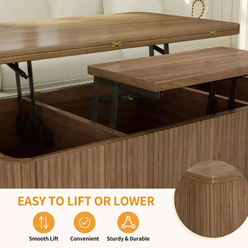 Table basse rectangulaire moderne 3 en 1 en bois avec plateau relevable cannelé et rangement caché