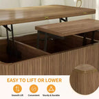 Table basse rectangulaire moderne 3 en 1 en bois avec plateau relevable cannelé et rangement caché