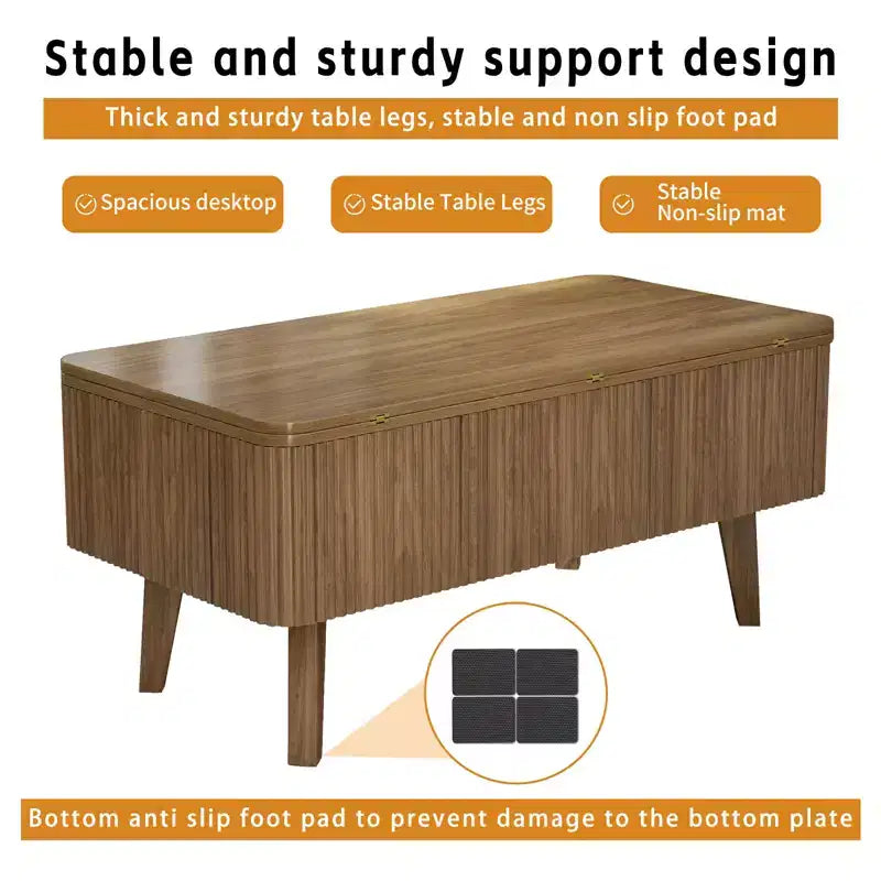 Table basse rectangulaire moderne 3 en 1 en bois avec plateau relevable cannelé et rangement caché