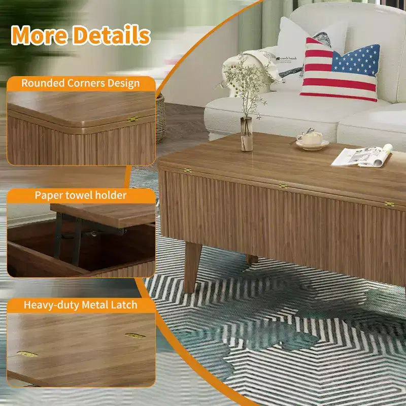 Table basse rectangulaire moderne 3 en 1 en bois avec plateau relevable cannelé et rangement caché