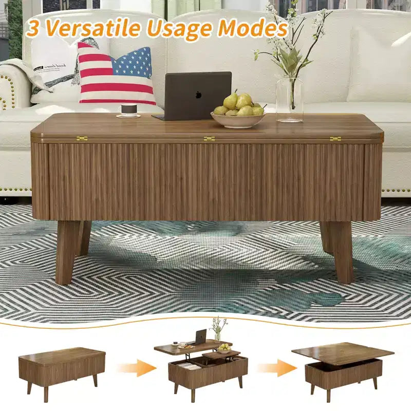 Table basse rectangulaire moderne 3 en 1 en bois avec plateau relevable cannelé et rangement caché
