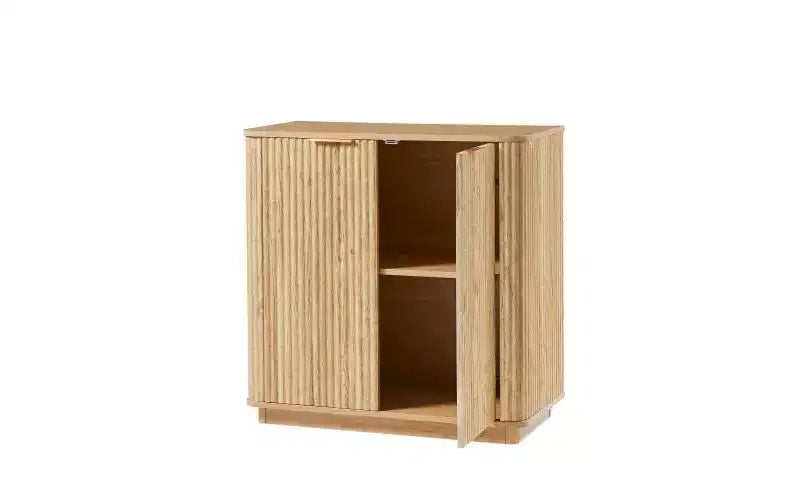 Meuble bas de 80 cm avec espace de rangement, étagères réglables au design ondulé incurvé, idéal pour les chambres et les salons, finition chêne