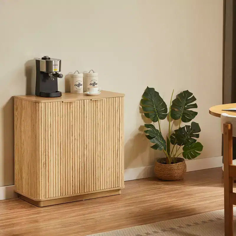 Meuble bas de 80 cm avec espace de rangement, étagères réglables au design ondulé incurvé, idéal pour les chambres et les salons, finition chêne