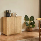 Meuble bas de 80 cm avec espace de rangement, étagères réglables au design ondulé incurvé, idéal pour les chambres et les salons, finition chêne