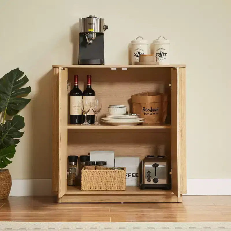 Meuble bas de 80 cm avec espace de rangement, étagères réglables au design ondulé incurvé, idéal pour les chambres et les salons, finition chêne