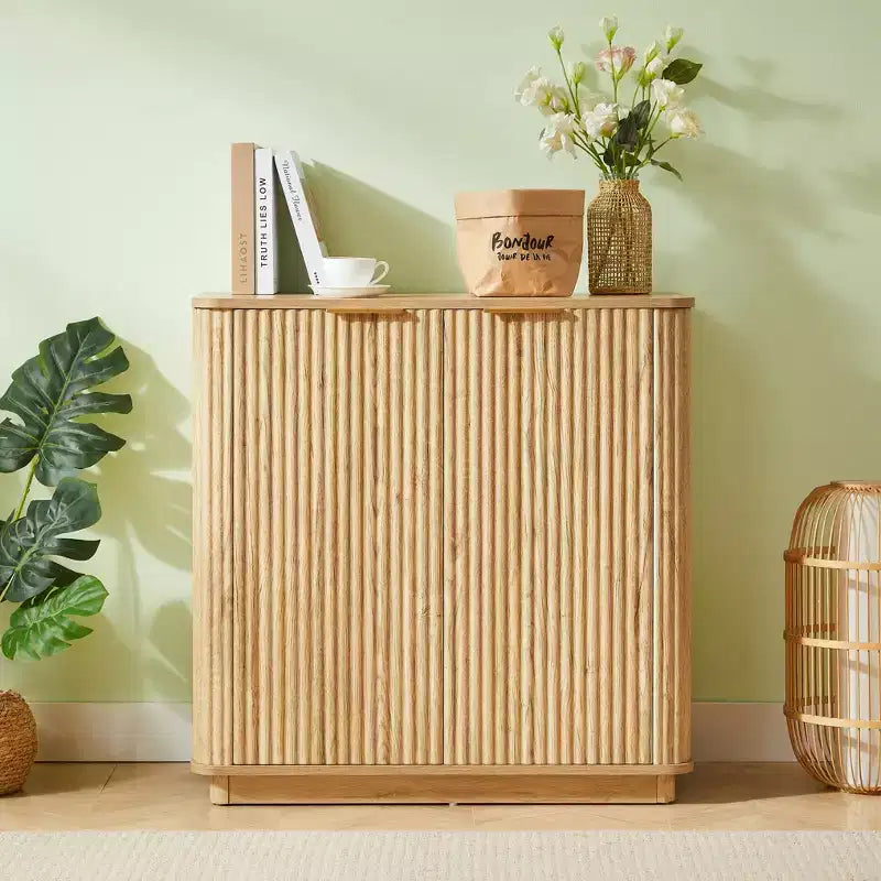 Meuble bas de 80 cm avec espace de rangement, étagères réglables au design ondulé incurvé, idéal pour les chambres et les salons, finition chêne