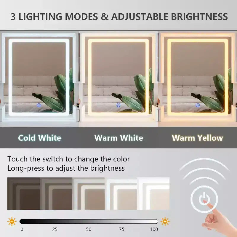 Coiffeuse avec miroir, tiroirs et rangements RGB, 3 modes d'éclairage LED