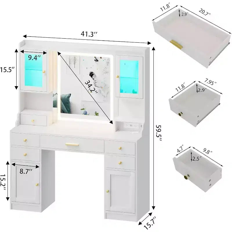 Coiffeuse avec miroir, tiroirs et rangements RGB, 3 modes d'éclairage LED