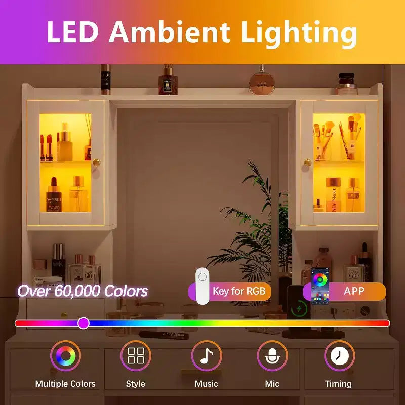 Coiffeuse avec miroir, tiroirs et rangements RGB, 3 modes d'éclairage LED
