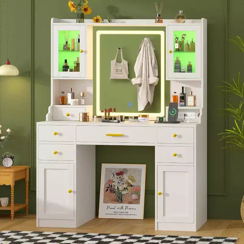 Coiffeuse avec miroir, tiroirs et rangements RGB, 3 modes d'éclairage LED
