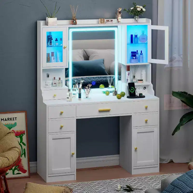 Coiffeuse avec miroir, tiroirs et rangements RGB, 3 modes d'éclairage LED