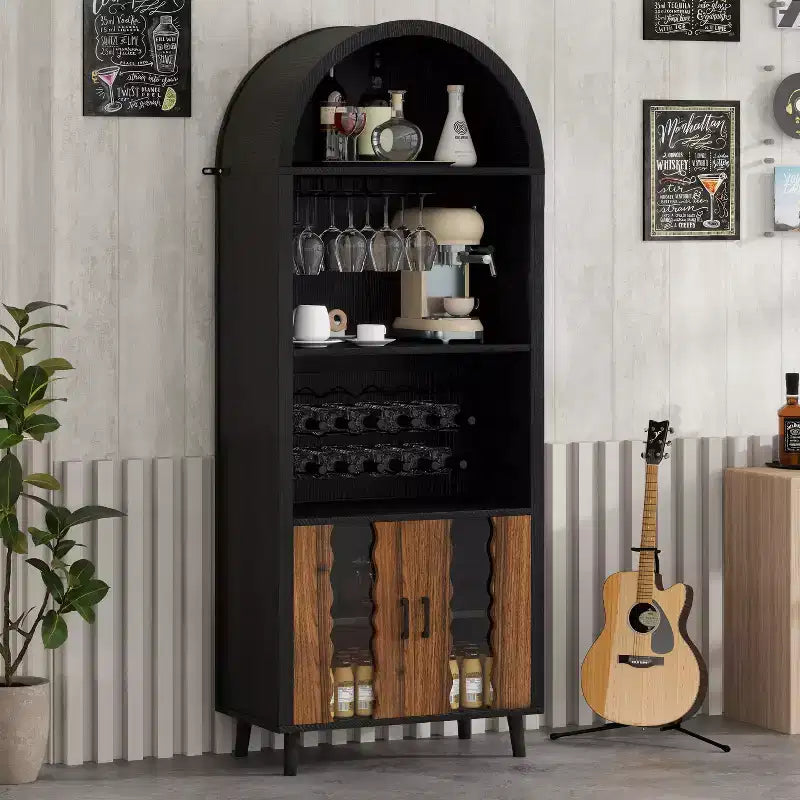 Bar Cabinet 71, Farmhouse Arched Display, Black Arched Cabinet & Coffee Bar, Whiskey Stand with Wine & Glass Rack for Living/Dining Room