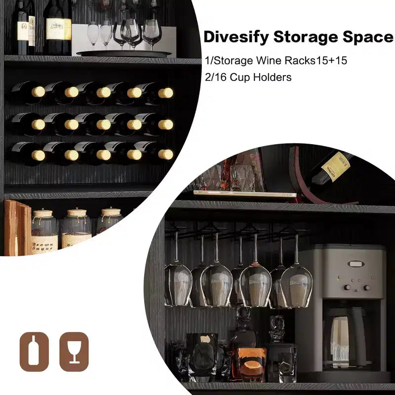 Meuble de Bar 71, Vitrine Arc de Ferme, Meuble Arc Noir et Bar à Café, Support à Whisky avec Porte-Bouteilles et Porte-Verres pour Salon/Salle à Manger