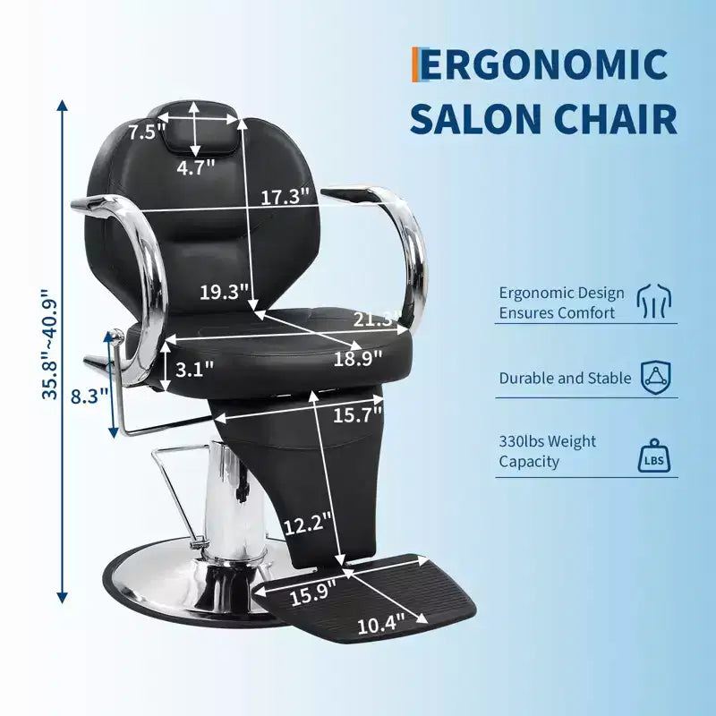 Fauteuil de Salon Noir pour Coiffeur, Fauteuil Inclinable Pivotant à 360° avec Appuie-tête Réglable, Chaise de Barbier pour Salon de Beauté & Tatoueurs