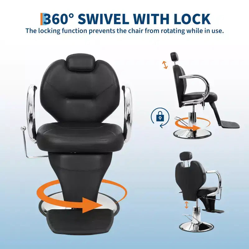 Fauteuil de Salon Noir pour Coiffeur, Fauteuil Inclinable Pivotant à 360° avec Appuie-tête Réglable, Chaise de Barbier pour Salon de Beauté & Tatoueurs