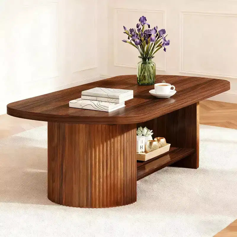 Table Basse Ovale de 45,27 Pouces, Table Centrale à 2 Niveaux Style Mid-Century avec Étagère de Rangement et Double Base en Bois pour Salon, Chambre, Marron Rustique