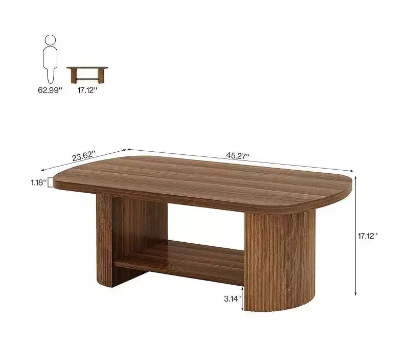 Table Basse Ovale de 45,27 Pouces, Table Centrale à 2 Niveaux Style Mid-Century avec Étagère de Rangement et Double Base en Bois pour Salon, Chambre, Marron Rustique