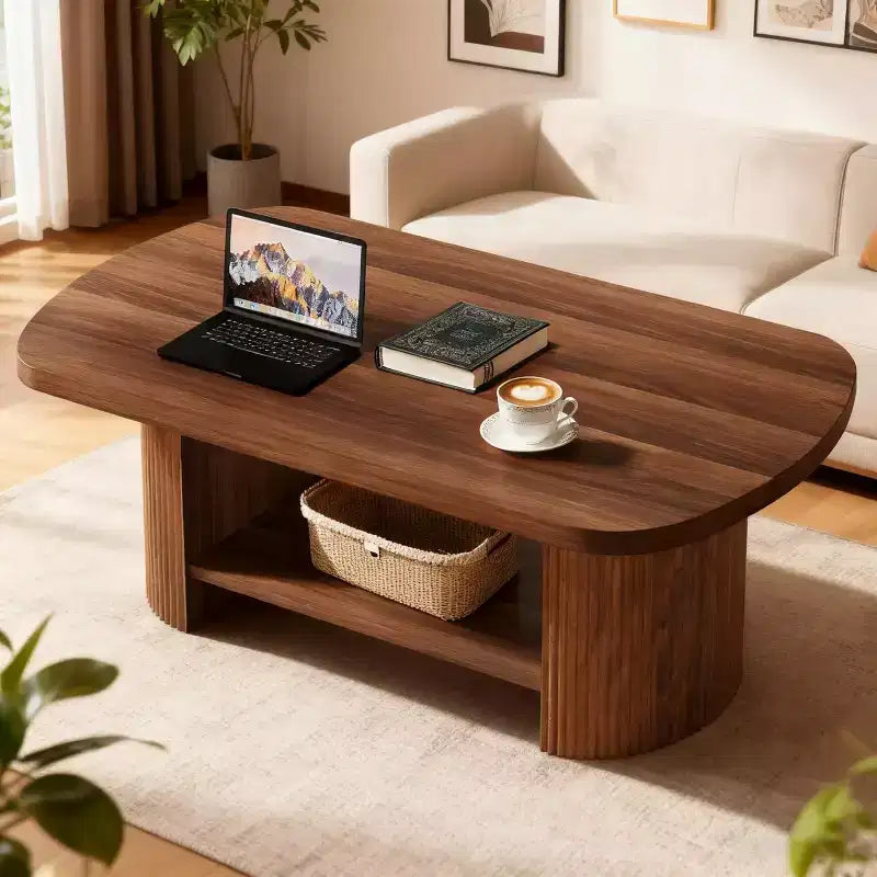 Table Basse Ovale de 45,27 Pouces, Table Centrale à 2 Niveaux Style Mid-Century avec Étagère de Rangement et Double Base en Bois pour Salon, Chambre, Marron Rustique
