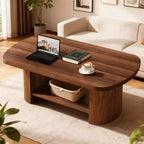 Table Basse Ovale de 45,27 Pouces, Table Centrale à 2 Niveaux Style Mid-Century avec Étagère de Rangement et Double Base en Bois pour Salon, Chambre, Marron Rustique