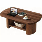 Table Basse Ovale de 45,27 Pouces, Table Centrale à 2 Niveaux Style Mid-Century avec Étagère de Rangement et Double Base en Bois pour Salon, Chambre, Marron Rustique